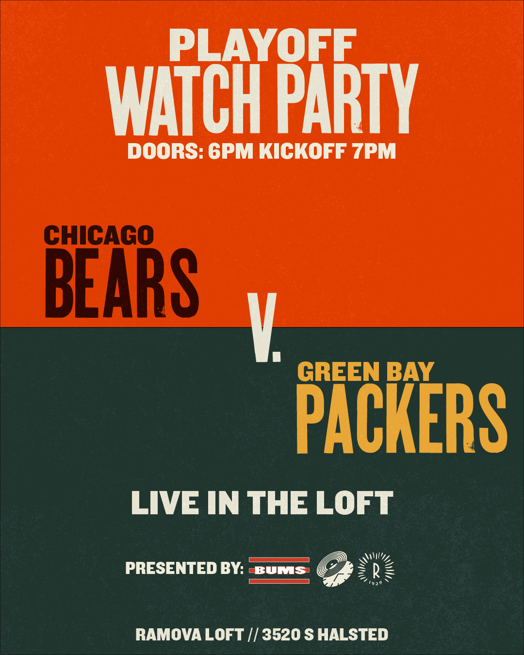 Bears VS Packers Playoff Watch Party Tickets at Ramova Loft in Chicago ...